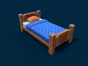 stylized wooden bed with blue blanket Modello 3D