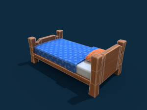 stylized wooden bed with blue blanket Modello 3D