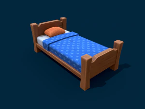 stylized wooden bed with blue blanket 3D Model
