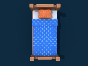 stylized wooden bed with blue blanket Modello 3D