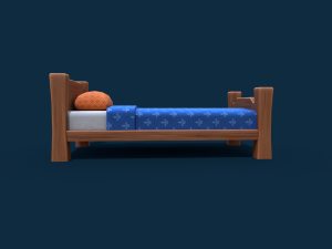 stylized wooden bed with blue blanket Modello 3D