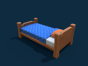 stylized wooden bed with blue blanket Modello 3D