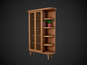 stylized wooden cupboard with glass doors and shelfs Model 3D