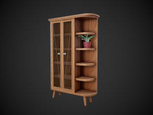 stylized wooden cupboard with glass doors and shelfs Model 3D