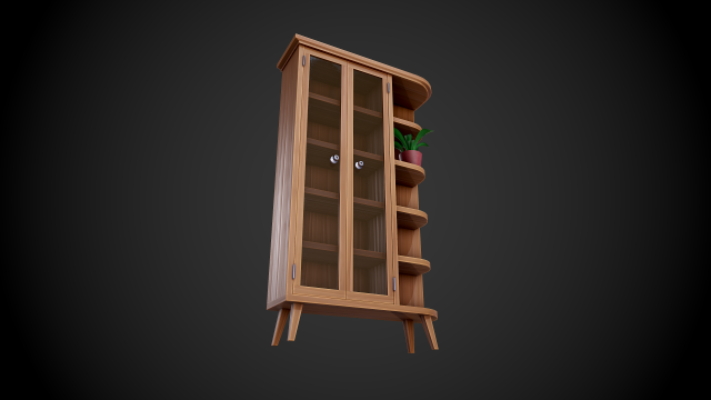 stylized wooden cupboard with glass doors and shelfs Model 3D .c4d .max .obj .3ds .fbx .stl .blend 