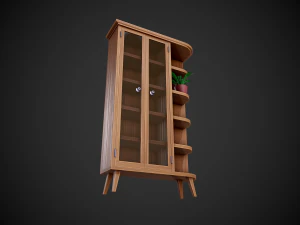 stylized wooden cupboard with glass doors and shelfs 3D Model