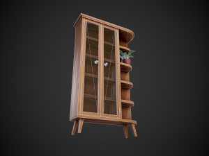 stylized wooden cupboard with glass doors and shelfs Model 3D
