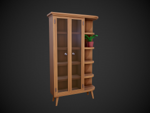 stylized wooden cupboard with glass doors and shelfs Model 3D