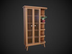 stylized wooden cupboard with glass doors and shelfs Model 3D