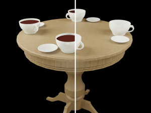 lowpoly decorative dinner wood table with saucer and cups of tea 3Dモデル