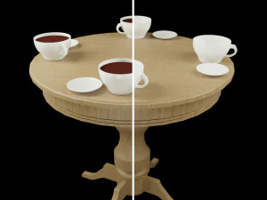 lowpoly декоративний дерев'яний столик з блюдцем і чашками чаю 3D Модель