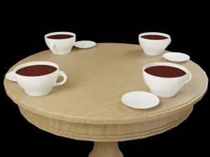 lowpoly decorative dinner wood table with saucer and cups of tea Modelo 3D