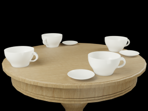 lowpoly decorative dinner wood table with saucer and cups of tea Modelo 3D