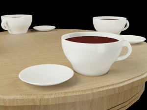 lowpoly decorative dinner wood table with saucer and cups of tea Modelo 3D