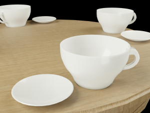 lowpoly decorative dinner wood table with saucer and cups of tea Modelo 3D
