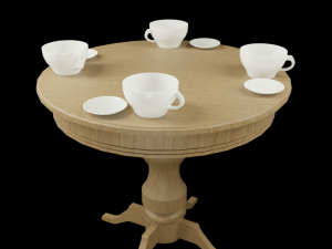 lowpoly decorative dinner wood table with saucer and cups of tea Modelo 3D
