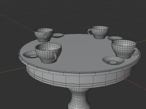 lowpoly decorative dinner wood table with saucer and cups of tea Modelo 3D