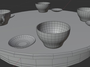lowpoly decorative dinner wood table with saucer and cups of tea Modelo 3D