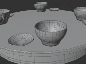 lowpoly декоративний дерев'яний столик з блюдцем і чашками чаю 3D Модель