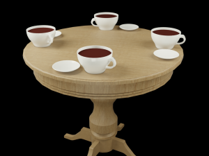 lowpoly decorative dinner wood table with saucer and cups of tea Modelo 3D