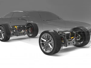 서스펜션 구조를 포함하는 테슬라 전기차의 전기 구동 시스템 3D 모델