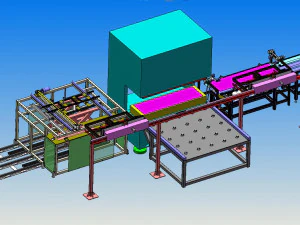 Schemat linii montażowej do podawania i formowania blachy w windzie Model 3D
