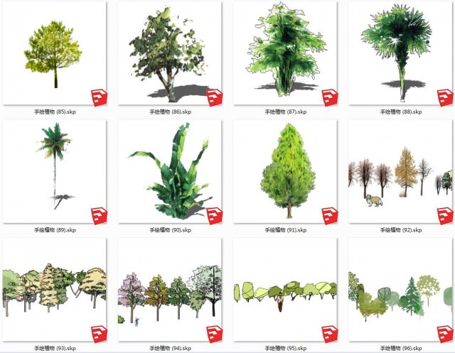 Garden plant hand-painted arbor SU model collection 100 3D Модель .c4d .max .obj .3ds .fbx .stl .blend