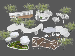 Collection of su gallery shelves in modern landscape 3D Model