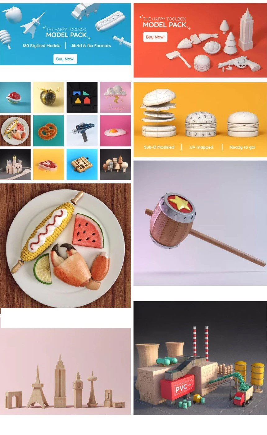 180 C4D cartoon low polygon items monomer Happy Toolbox model pack 3D Model .c4d .max .obj .3ds .fbx .stl .blend 