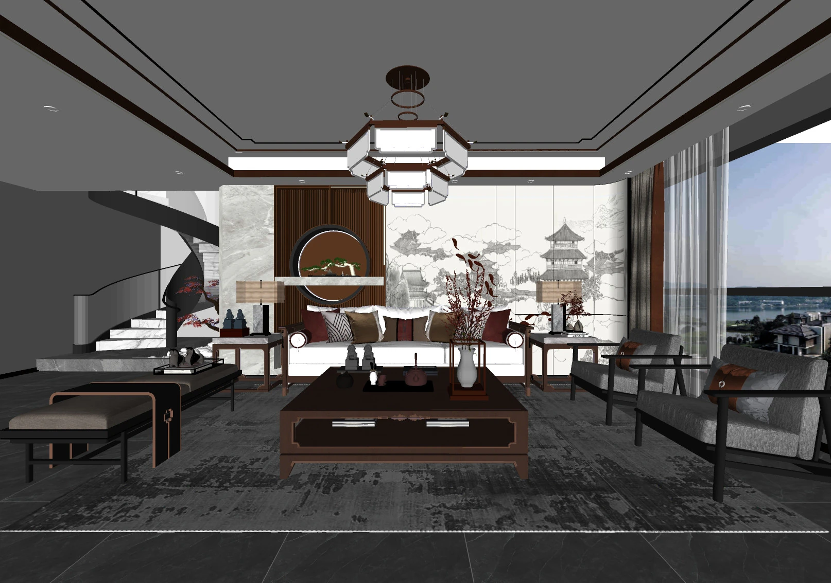 New Chinese living room SU model 3D Model .c4d .max .obj .3ds .fbx .stl .blend