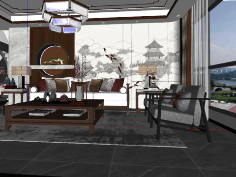 New Chinese living room SU model 3D Model