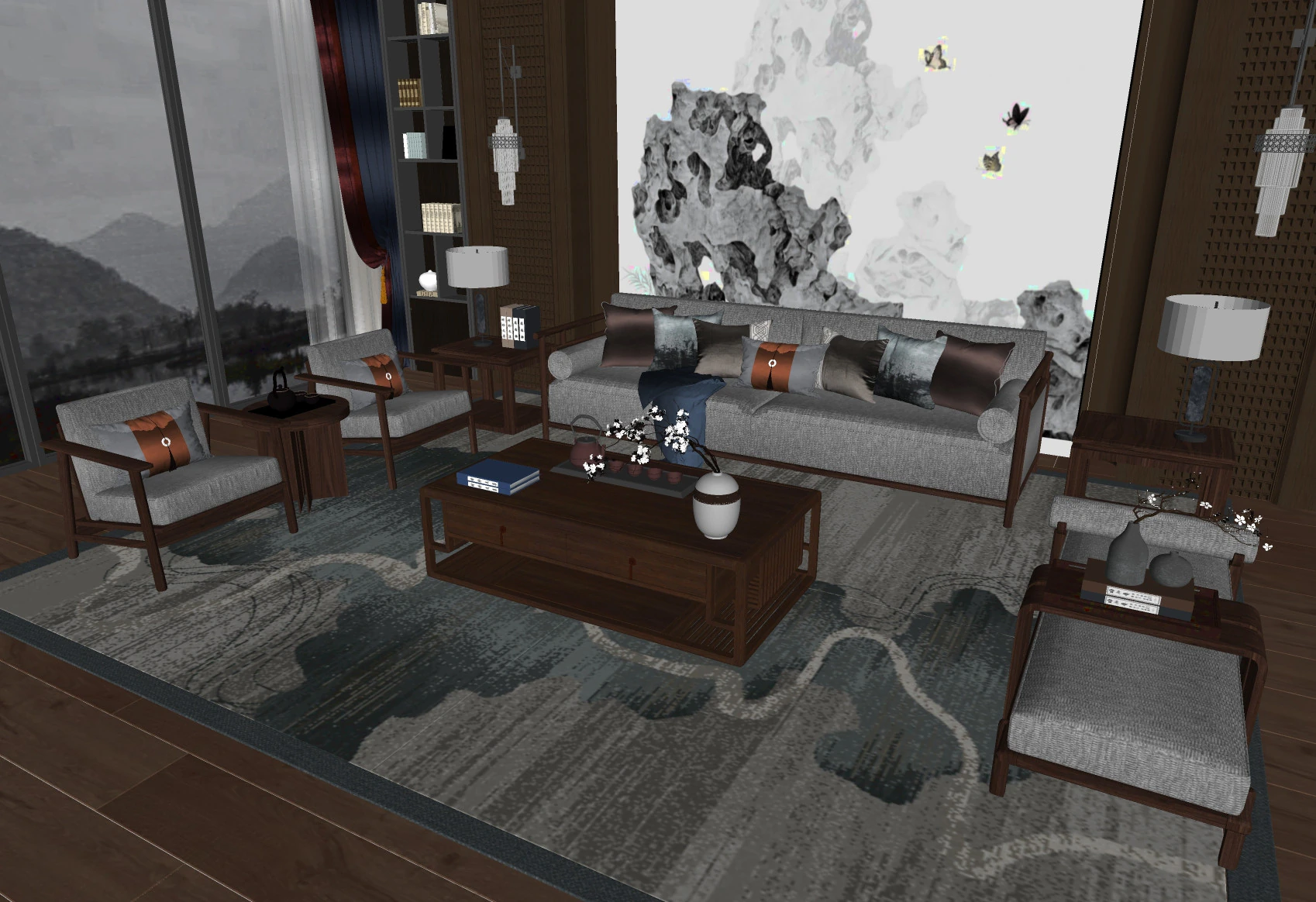 New Chinese sofa tea table combination 3D Model .c4d .max .obj .3ds .fbx .stl .blend