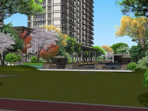Projeto de modelo Sketchup para um edif&iacute;cio residencial de luxo, incluindo arranha-c&eacute;us e vilas Modelo 3D