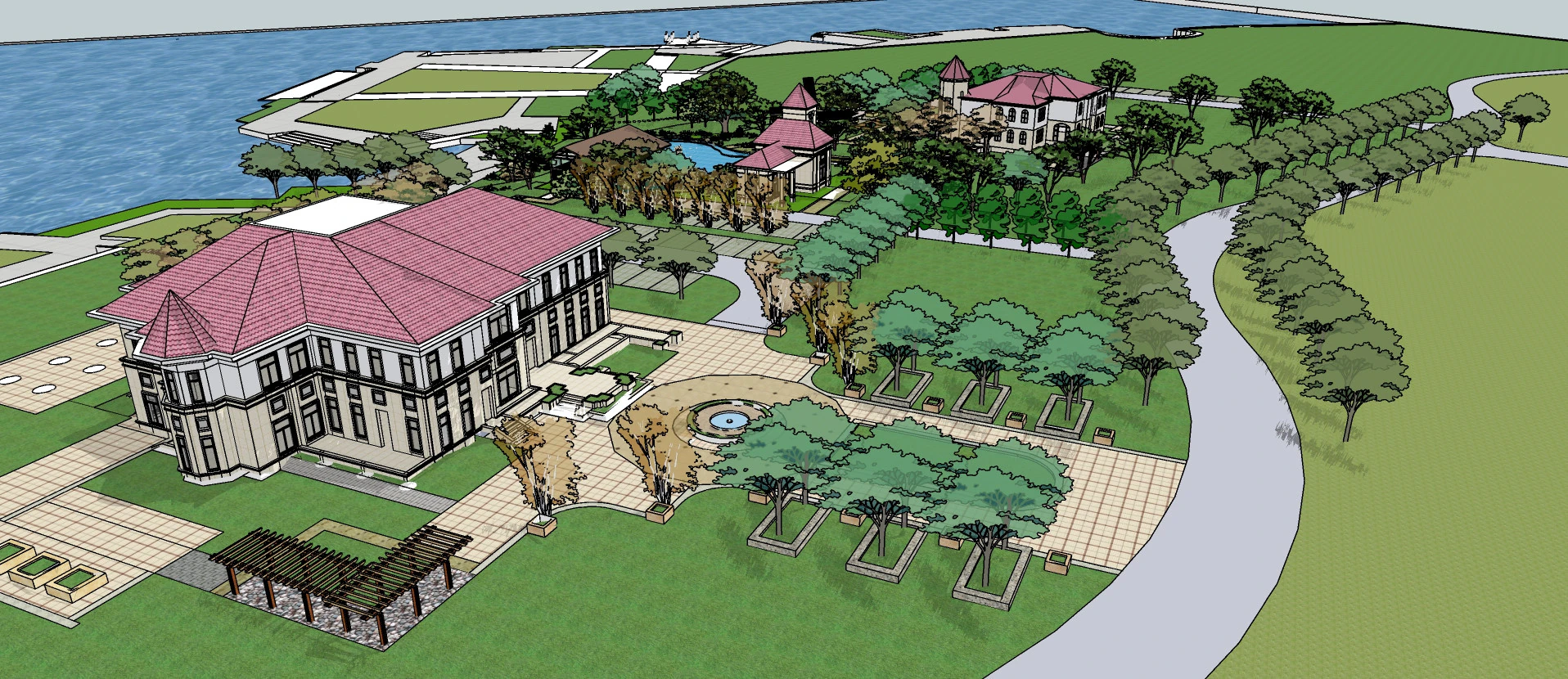Sketchup model for landscape design of waterfront parkvacation park square 3D Model .c4d .max .obj .3ds .fbx .stl .blend 
