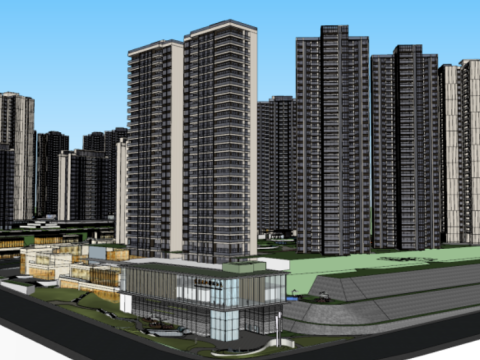 International style SU model of modern high-rise buildings 3D Модель