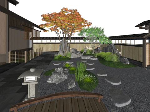 Dise&ntilde;o de paisaje seco japon&eacute;s al aire libre modelo su. Modelo 3D