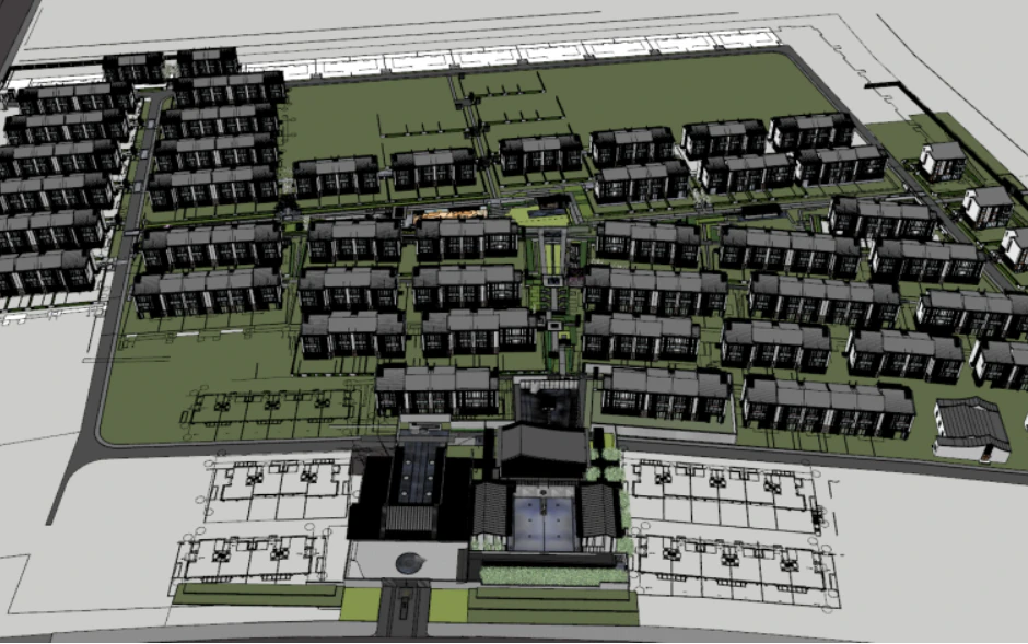 SU model of a demonstration area and a row of luxury residential buildings 3D Model .c4d .max .obj .3ds .fbx .stl .blend 