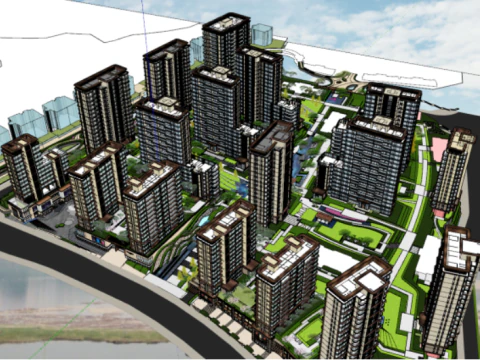 SU-Modell eines modernen Hochhaus-Villenbereichs und einer Landschaft in einer Stadt 3D Modell