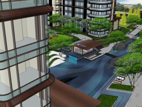 SU model of a modern high-rise mansion area and landscape in a city 3D Model