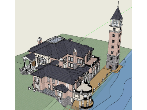 European waterfront private mansion villa building su model Modelo 3D