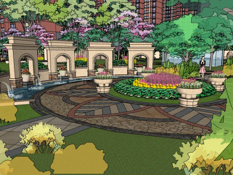 Avrupa tarzı k&uuml;&ccedil;&uuml;k kare peyzaj tasarımı eskiz modeli 3D Model