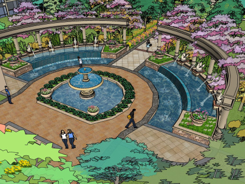 European-style small square landscape design sketchup model 3D 模型