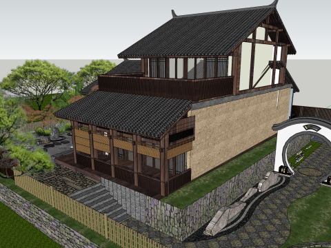 Japanese-style dry landscape courtyard landscape sketchup model 3D 모델