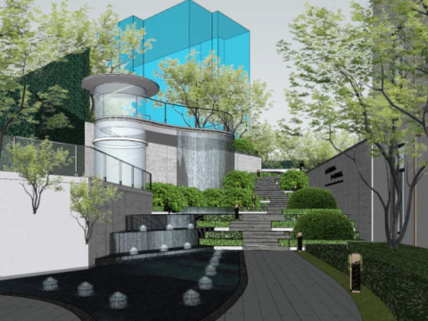 SU Model of Real Estate Landscape in Modern Streamlined Demonstration Area 3D Model