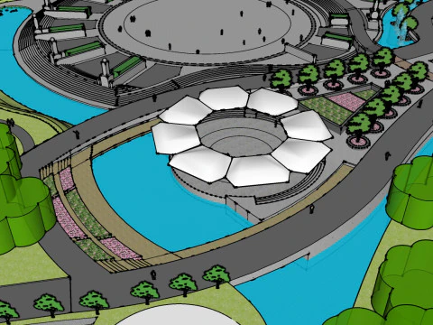 Modelo de boceto del paisaje del parque de actividades de ocio ciudadano. Modelo 3D