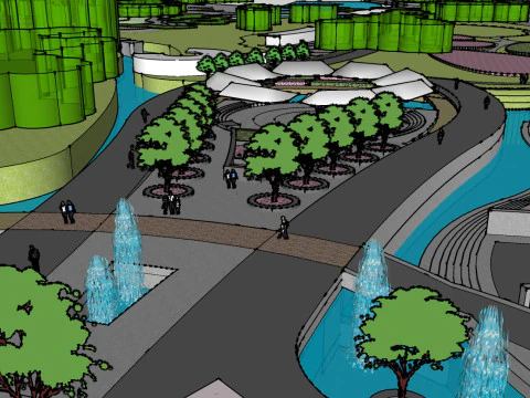 Modelo de boceto del paisaje del parque de actividades de ocio ciudadano. Modelo 3D