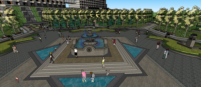 Commercial office square landscape su model Model 3D .c4d .max .obj .3ds .fbx .stl .blend