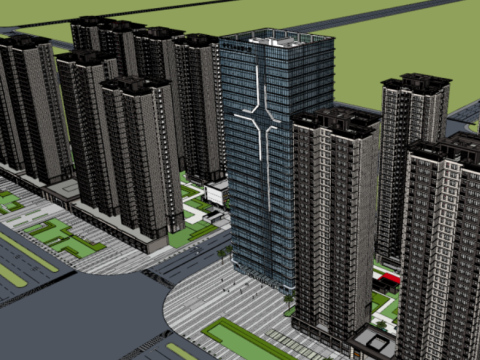 SU Model of Modern Central Garden-High Office Building 3D 模型