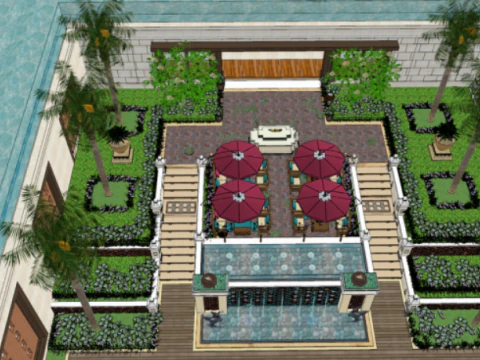 Современный курортный садовый пейзаж, модель su 3D Модель