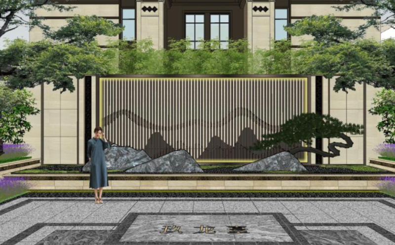 Modern Villa Landscape Design with Su Pattern 3D 模型 .c4d .max .obj .3ds .fbx .stl .blend 